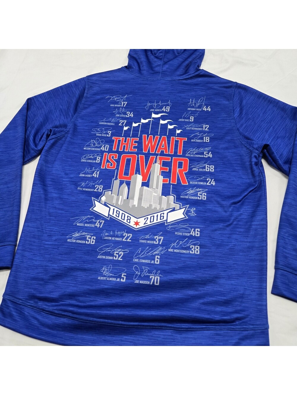 EUC Sz M/L Chicago Cubs 2016 World Series Hoodie The Wait Is Over Roster Skyline
